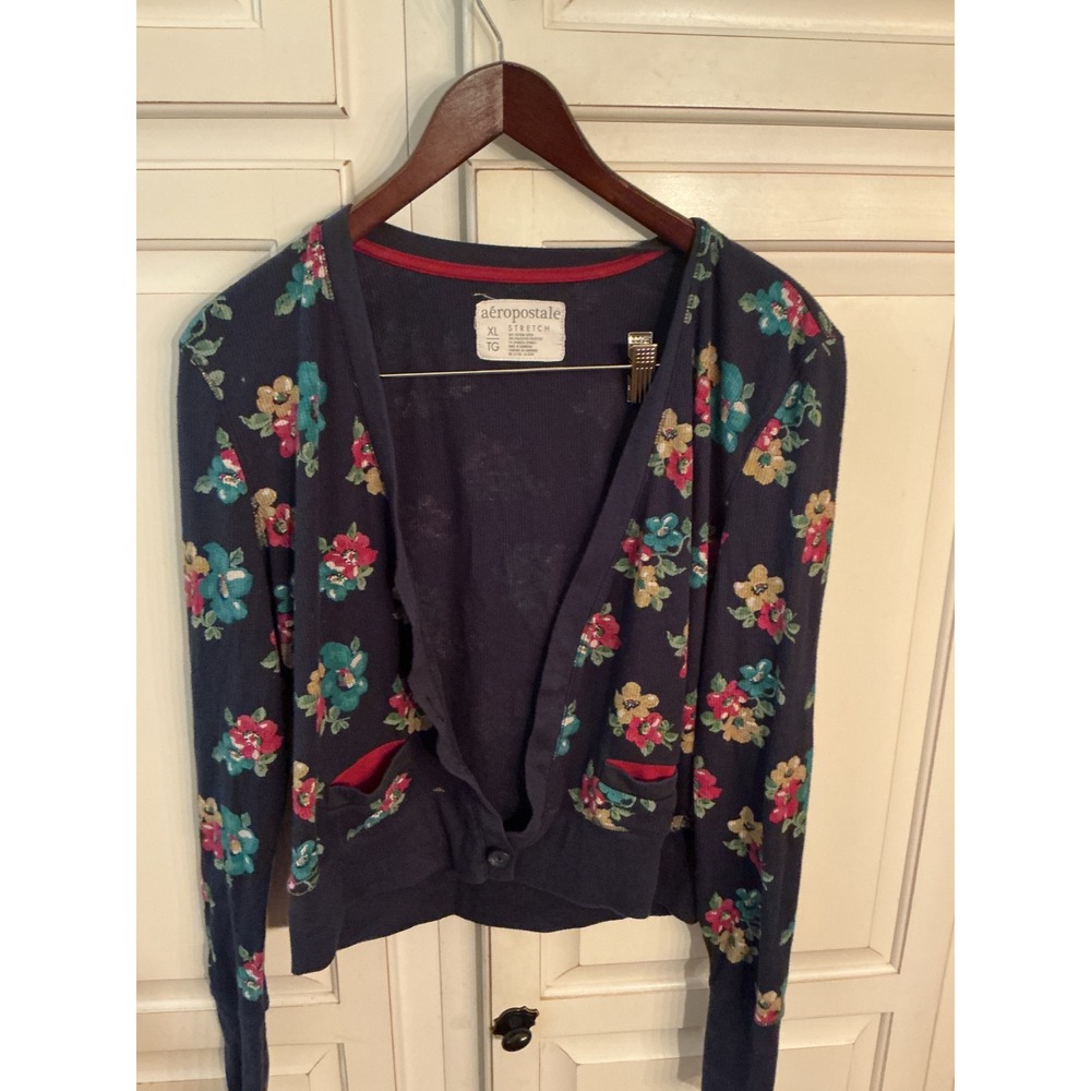 Aeropostale Floral Waffle Knit Cardigan Navy Blue XL Stretch Button Pockets